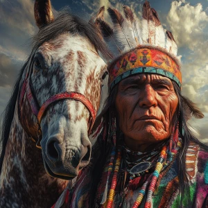 Create a photorealistic 8K UHD image of the Native American lead...