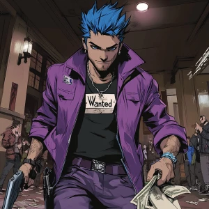 A character with spiky blue hair and a determined expression, we...