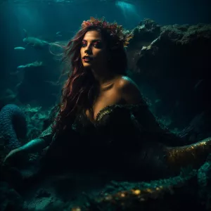 An evil mermaid ::1 with sharp teeth::3, malevolent glowing eyes...