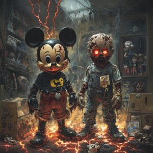 horror-art horror-themed mickey ,and pluto standing side by side...
