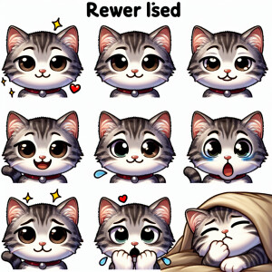 Create a sticker pack for me featuring a cute gray-and-white kit...