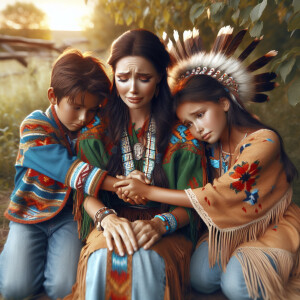 American Indian children hugging and healing their struggling Mo...
