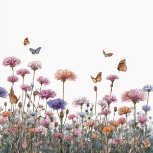 Wildflower field, butterflies flying, in vintage watercolor styl...