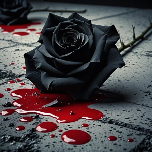 Black rose strewn onto cement and red blood fallen on the rose a...