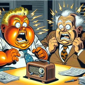 A fat orange skinned business man with blonde hair and an 90 yea...