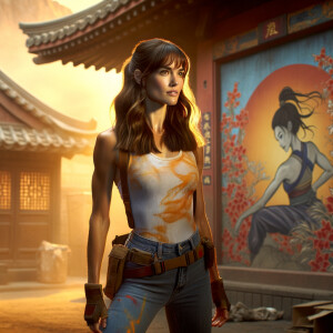 Athletic Thin skinny Attractive, Asian teenage girl, long brown hair and bangs, wearing tight skinny jeans and a halter top paint marks on her clothing, heroic pose Asian graffiti background, backside view