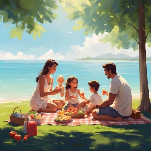 Give me paradise like conditions and a family enjoying a picnic