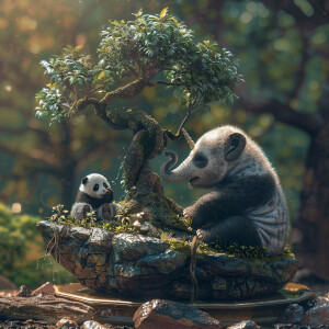 A baby elephant using its trunk to water a bonsai tree, while a...