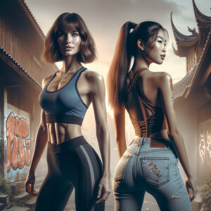 Athletic Thin skinny Attractive, Asian teenage girl, long brown hair and bangs, wearing tight skinny jeans and a halter top paint marks on her clothing, heroic pose Asian graffiti background, backside view