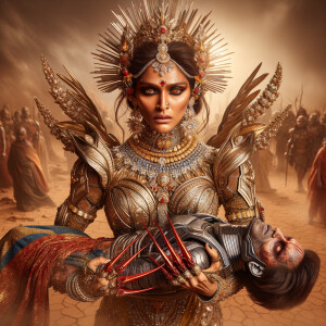 Create a cinematic 8K resolution portrait of a powerful, muscular goddess Durga of Indian mythology. She has an intense gaze, carries a frail evil figure in her arms, and is striking him with her crimson dagger-like fingernails. She is adorned in stunning attire that includes a saree, armor, a grand crown, and an abundance of jewelry, every piece sparkling as if made from diamonds. The scene is set in a barren, arid landscape that heightens the dramatic tension. There is a poignant aftermath of the confrontation, signified by the hint of red scattered around. Pay extra attention to the ultra-detailed depiction of her majestic visage and overall grandeur reminiscent of an epic.