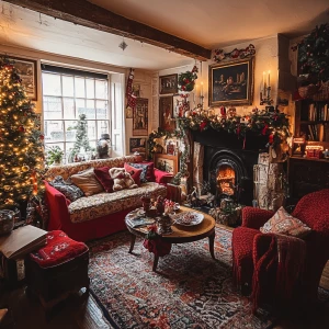 The living room of a cozy house decorated for Christmas
