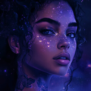A realistic vector portrait of a woman with bioluminescent tatto...