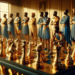3-D realistic oil, painting,of a gold and black human chessboard...