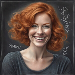 Photorealistic image. Chalk drawing . Ginger haired woman. Word...