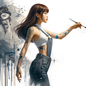 Athletic Thin skinny Attractive, Asian teenage girl, long brown hair and bangs, wearing tight skinny jeans and a halter top paint marks on her clothing, heroic pose Asian graffiti background, side view