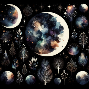 A black background with watercolor designs scattered around, sca...