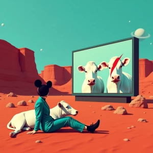 Surreal cinematic scene on Mars, warm red desert under turquoise...