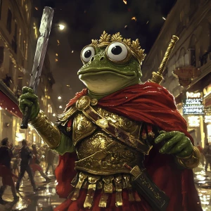 Pepe the Frog in carton style dressed as an ancient Roman empero...