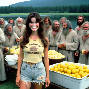 create a film snapshot from 1972 of dozens of dour men standing...