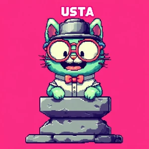 Create a pixel art character of a cute, green cat with a wide sm...