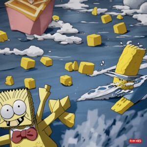 Arlekino from Genshin Impact punching Spongebob