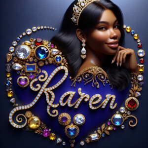 Craft a 3-D image showcasing the name 'KAREN' in a luxurious gol...