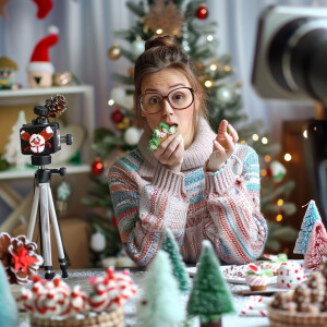 Photorealistic image. Woman making YouTube video of herself, mak...