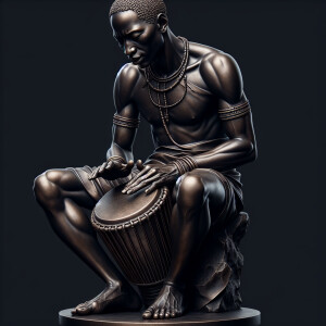 Illustrate a sculpture of an African man in a seated position pl...