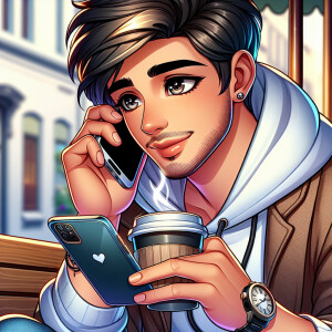 A cute anime boy using his phone holding coffee in one hand with...