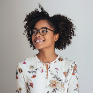 A cute woman

Smiling 

Clothes: White Floral Dress

Looks Clean...