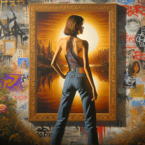 Athletic Thin skinny Attractive, Asian teenage girl, long brown hair and bangs, wearing tight skinny jeans and a halter top paint marks on her clothing, heroic pose Asian graffiti background, backside view