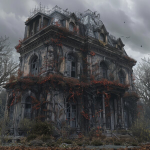 AI Image: A large, eerie Victorian house with overgrown vines cr...