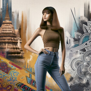 Very thin Athletic Thin skinny Attractive, Asian teenage girl, long brown hair and bangs, wearing tight skinny jeans and a halter top paint marks on her clothing, heroic sideways pose Asian graffiti background