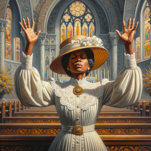 Render an airbrush oil painting of an African American woman with flawless makeup
kneeling at a church altar, her hands raised in a gesture of surrender to God. She's
dressed in stylish Sunday Best attire, with a particular focus on the delicate details of
her Church Hat. The background features a beautifully painted church interior, with the
oil paint texture enhancing the sacred atmosphere. The artwork should capture the
woman's devout expression, the elegance of her attire, and the spiritual ambiance of
the church setting, reflecting a moment of deep faith and devotion.