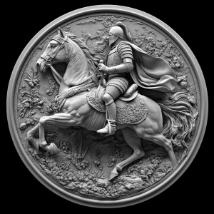 Renaissance knight on a horse, grayscale 3d bas relief, round bo...