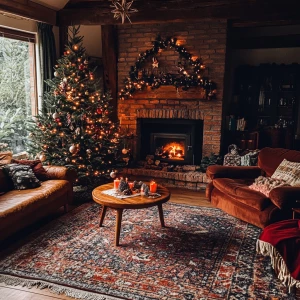 The living room of a cozy house decorated for Christmas
