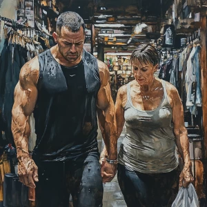 Photorealism painting.A muscular, sweaty man walking with his 43...
