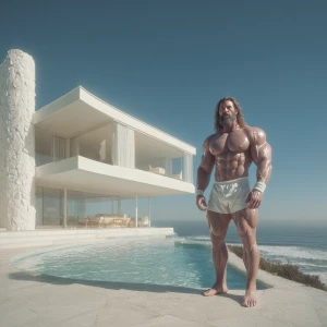 Hyperrealistic eye level exterior photo of a mid-century modern...