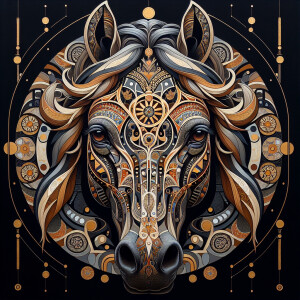 A head-on portrait of an Akhal-Teke horse's face rendered in the...