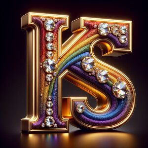 Create a 3-D realistic image with the letters  K.S. in gold raised letters , Add diamonds and colorful jewels