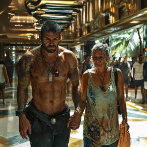 Digital art HD 1:1.A sweaty  man walking with his 54 year old au...