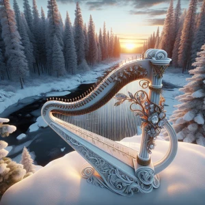 Hyperrealistic portrait of a beautiful white harp with intricate...