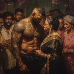 Hyperrealism oil painting.a muscular beefy sweaty tattoed indian...