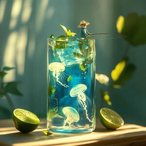 A cinematic photo of a tall glass filled with a crystal-clear, t...