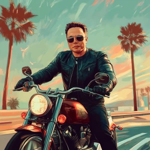 Elon Musk..on the boardwalk, sunglasses, motorcycle, in GTA San...