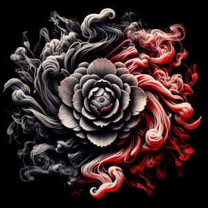 Create an image of a flower engulfed in a dual swirl of smoke, o...