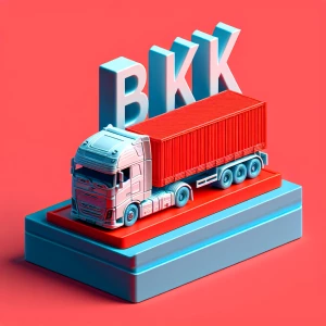 White forward-facing truck with a red background, a blue base, a...