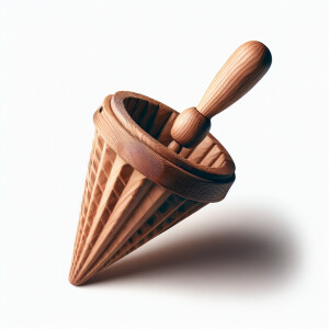 Create an image of a wooden cone-shaped mold with a handle, desi...