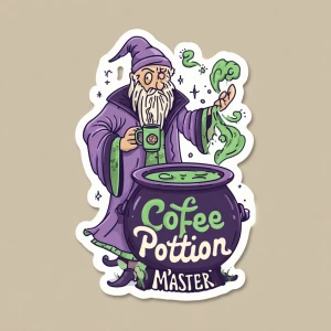 /imagine hand-drawn wizard in a fantasy robe brewing coffee in a...