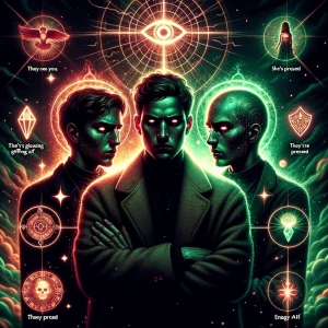 Illustrate two figures with blurred or distorted faces, conveyin...